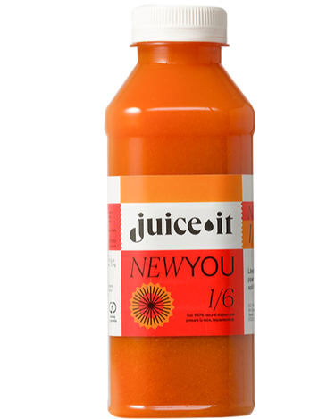 New You 1/6 - Sticlă cu suc natural Juiceit New You 1/6, preparat din lămâie, ghimbir, goji, piper cayenne, miere și apă filtrată. Un mix energizant cu arome proaspete și un gust echilibrat