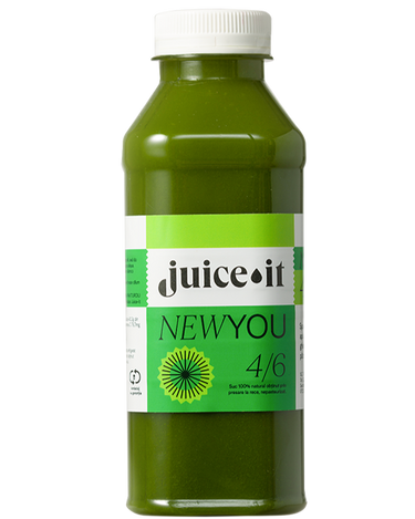 New You 4/6 - Sticlă cu suc natural Juiceit New You 4/6, preparat din spanac, ananas, țelină apio, castravete, pătrunjel, ghimbir, lămâie și kale. Un amestec de super-alimente pentru un stil de viață activ.