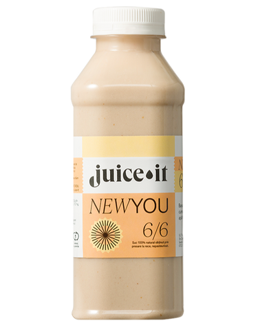 New You 6/6 - Sticlă cu băutură nutritivă Juiceit New You 6/6, preparată din alune caju, miere, curmale, pudră de vanilie, scorțișoară, banană și apă filtrată. Un mix cremos ideal pentru finalul zilei.